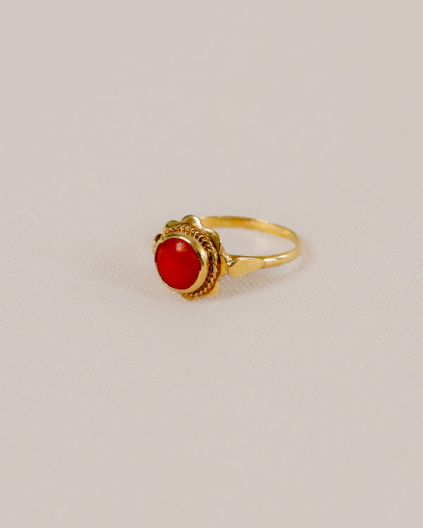 14K yellow gold and coral flower ring.