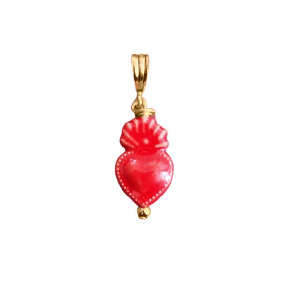 GOLD NECKLACE CHARM MILAGRO HEART RED